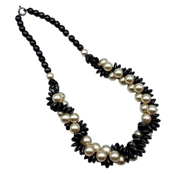 Glass Beaded Necklace Faux Pearl Hematite Colored Twisted Strands Vintage Costum - Picture 7 of 9